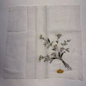 Vintage Swiss Lace Trim Embroidered Bridal Handkerchief